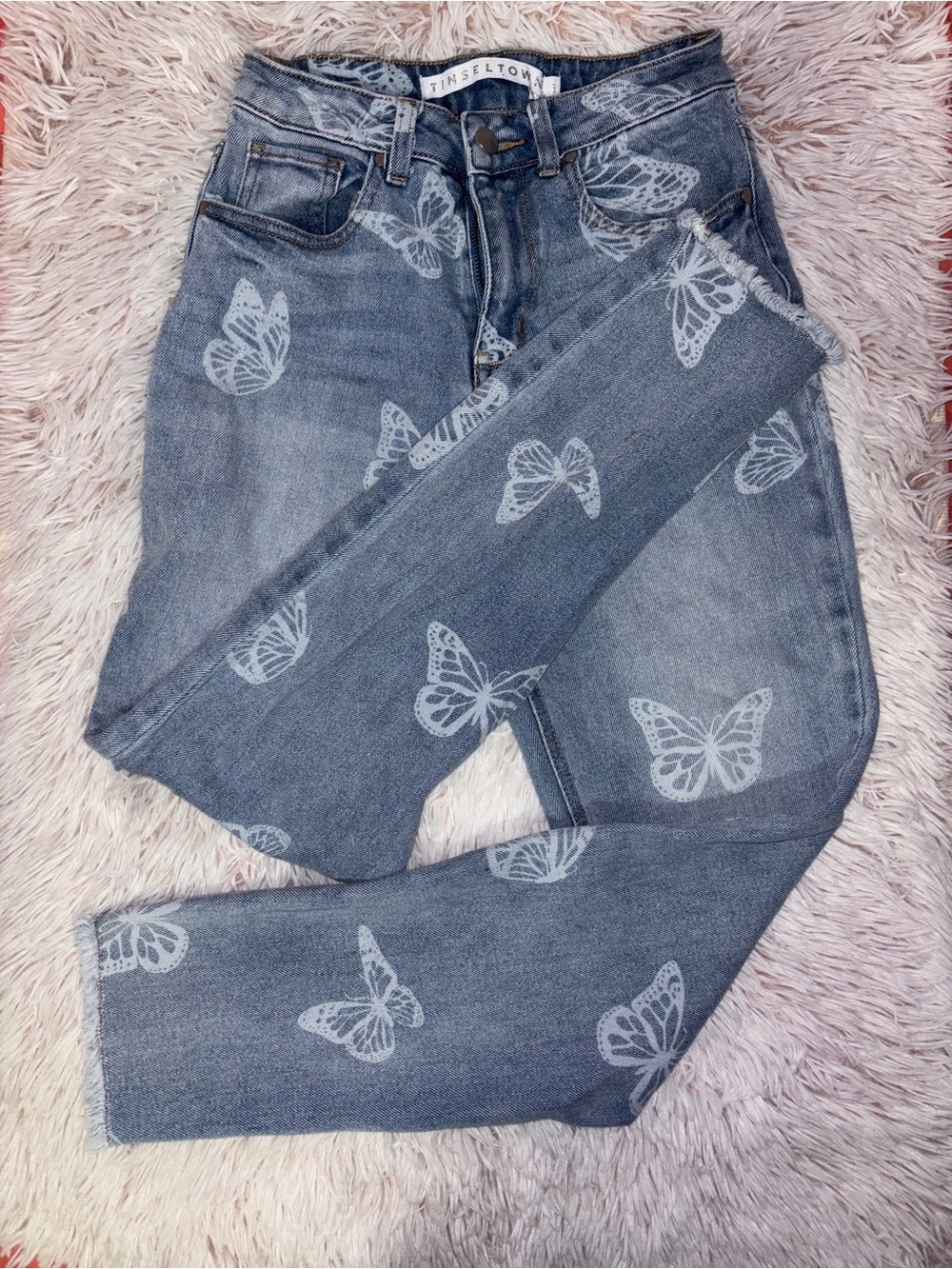 Tinseltown Gray-Blue High Rise Jeans with White Butterfly Print